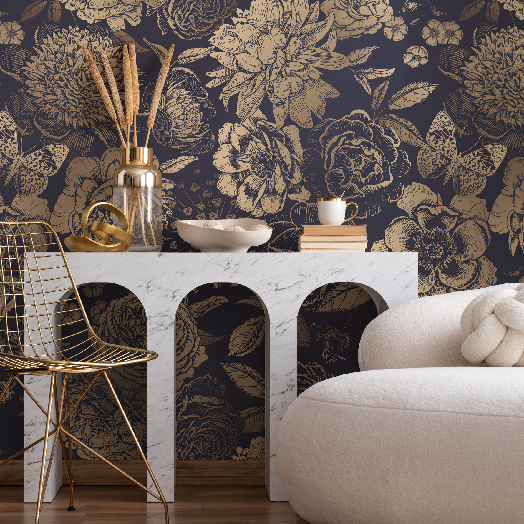 Removable Wallpaper Peel and Stick Wallpaper Wall Paper Wall Mural - Vintage Flower Non-Metalic Gold Color - A922 - ONDECOR.COM