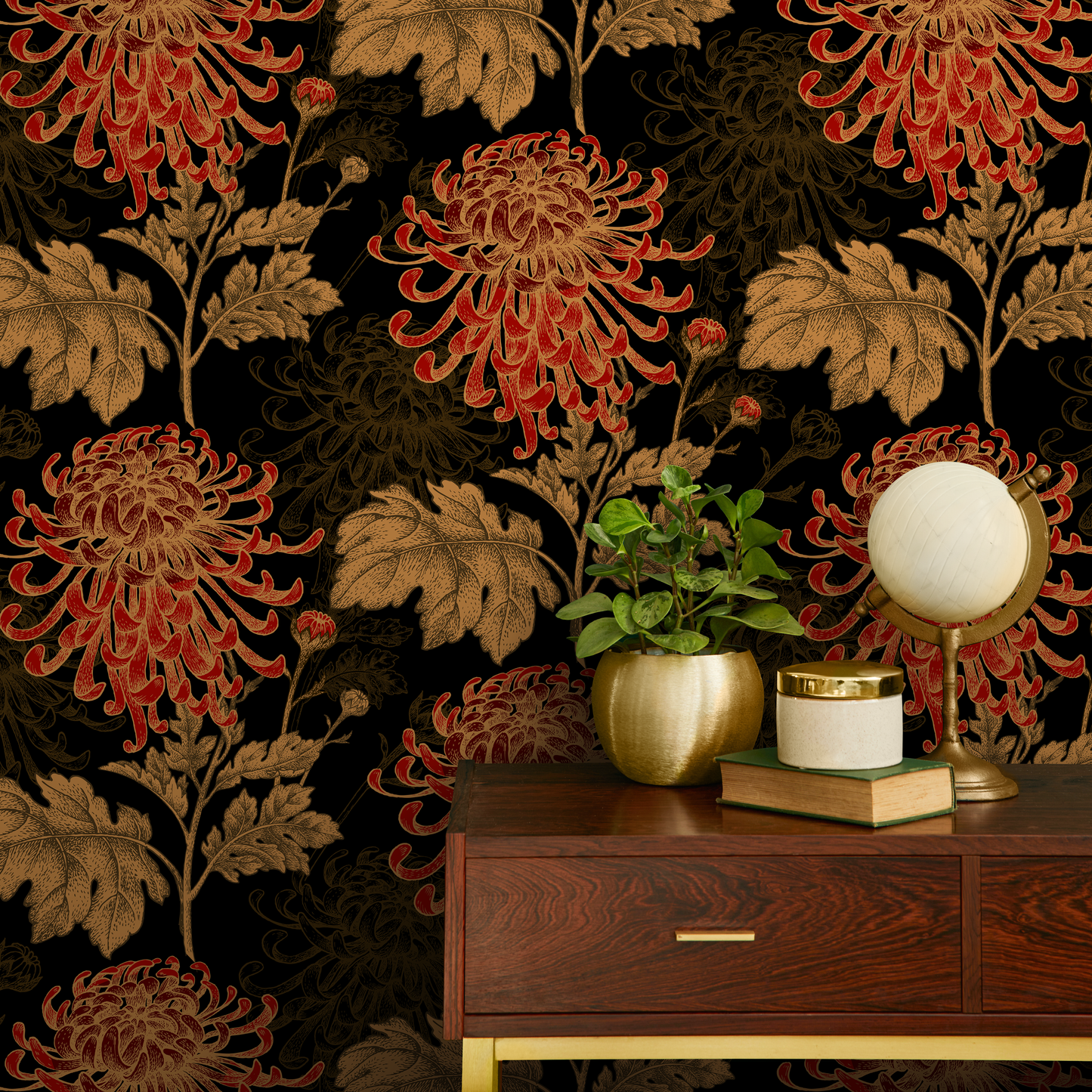 Removable Wallpaper Peel and Stick Wallpaper Wall Paper Wall Mural - Hand Draw Floral Black Wallpaper - A923