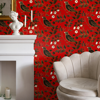 Wallpaper Peel and Stick Wallpaper Removable Wallpaper Home Decor Wall Art Wall Decor Room Decor /  Vintage Red Bird Wallpaper - A924