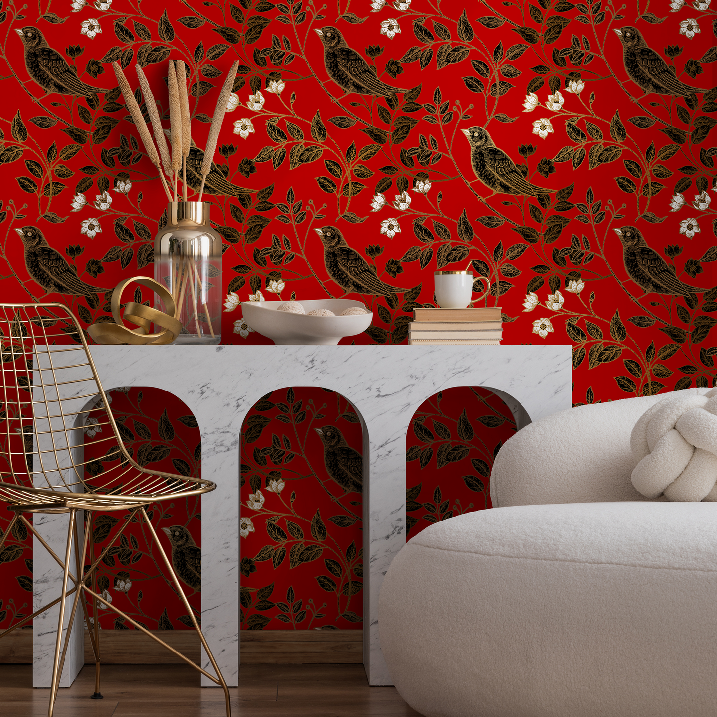 Wallpaper Peel and Stick Wallpaper Removable Wallpaper Home Decor Wall Art Wall Decor Room Decor /  Vintage Red Bird Wallpaper - A924
