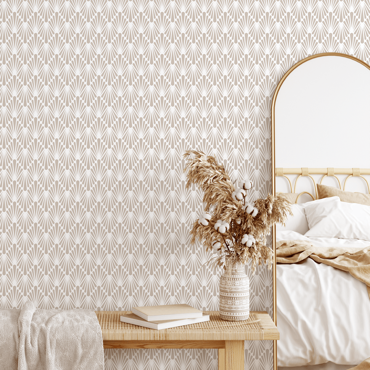 Art Deco Wallpaper with a Geometric Fan Motif in Beige - detail view