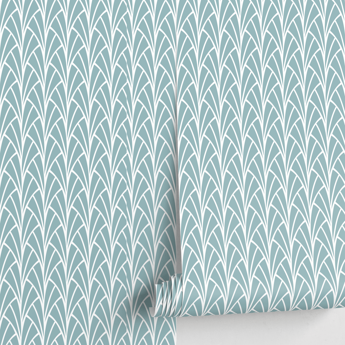 Art Deco Wallpaper with a Fanning Fronds Motif in Soft Teal and White - detail view