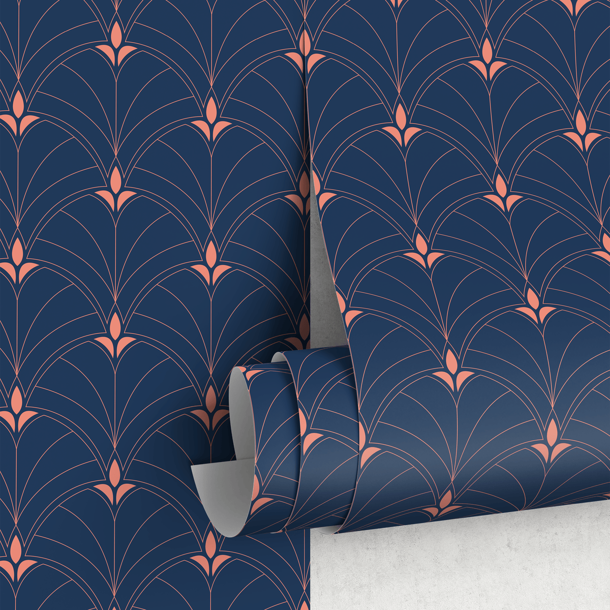 Art Deco Wallpaper with a Geometric Fan Motif in Navy Blue and Pink - detail view