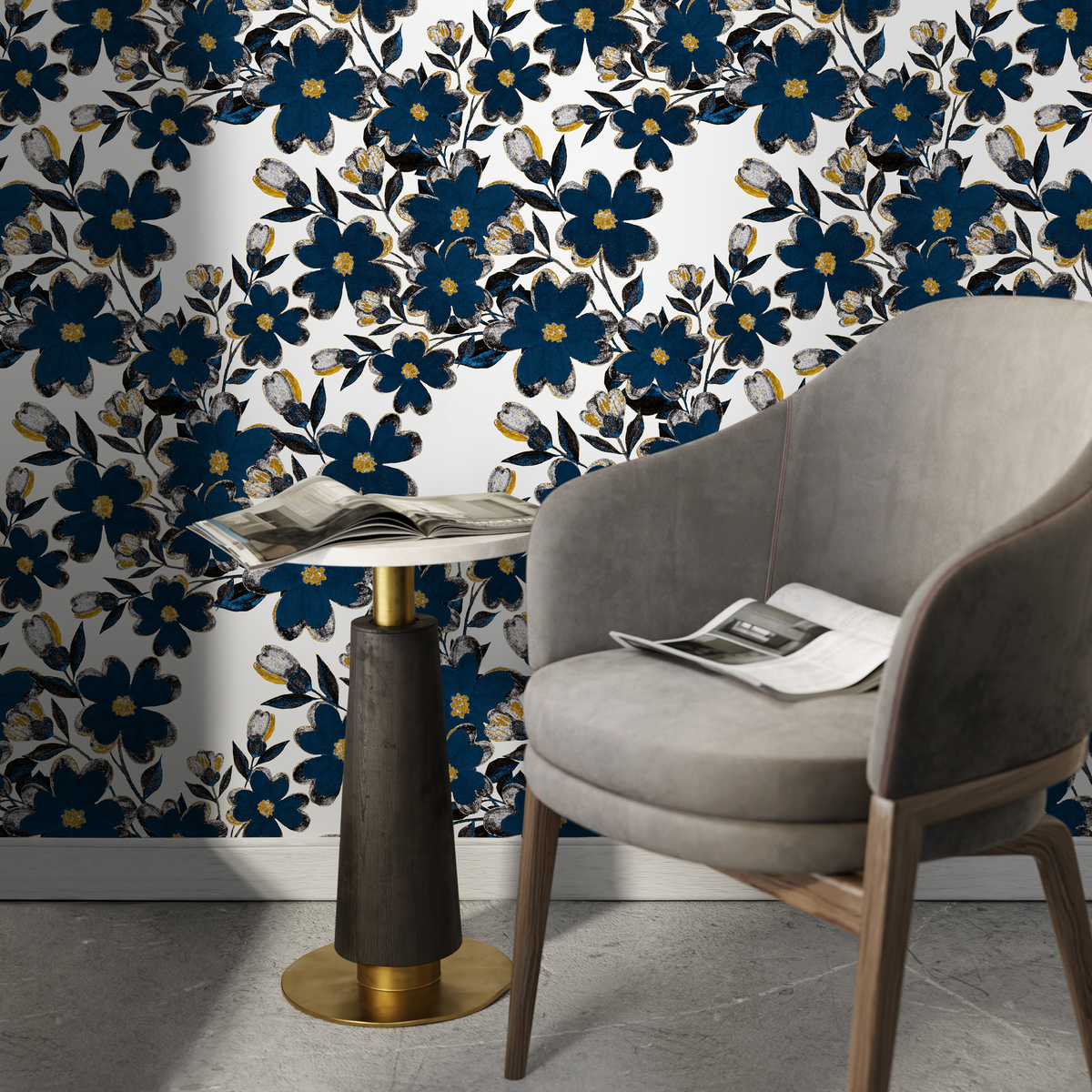 Floral Wallpaper Featuring Bold Flowers in Blue, Gold, and Black - detail view