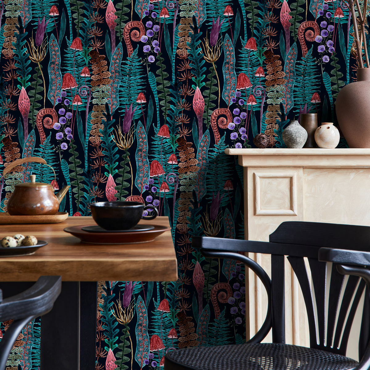 Botanical Wallpaper with Ferns and Wild Mushrooms in Teal, Brown, and Purple - detail view