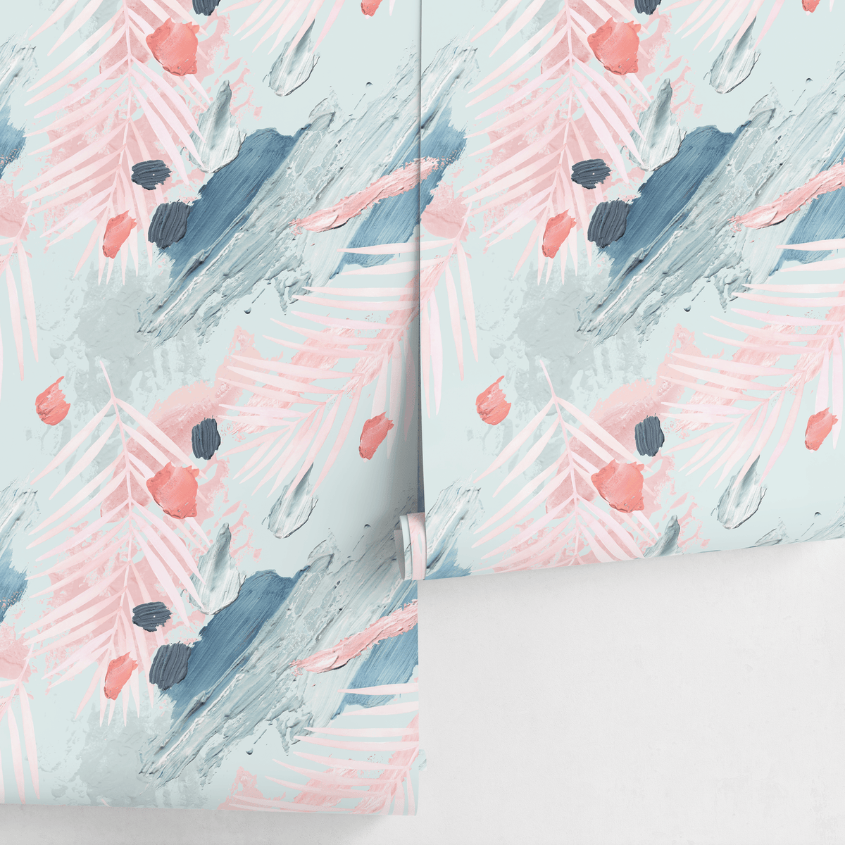 Abstract Wallpaper with Painterly Brushstrokes in Pink, Blue, and Soft Teal - detail view