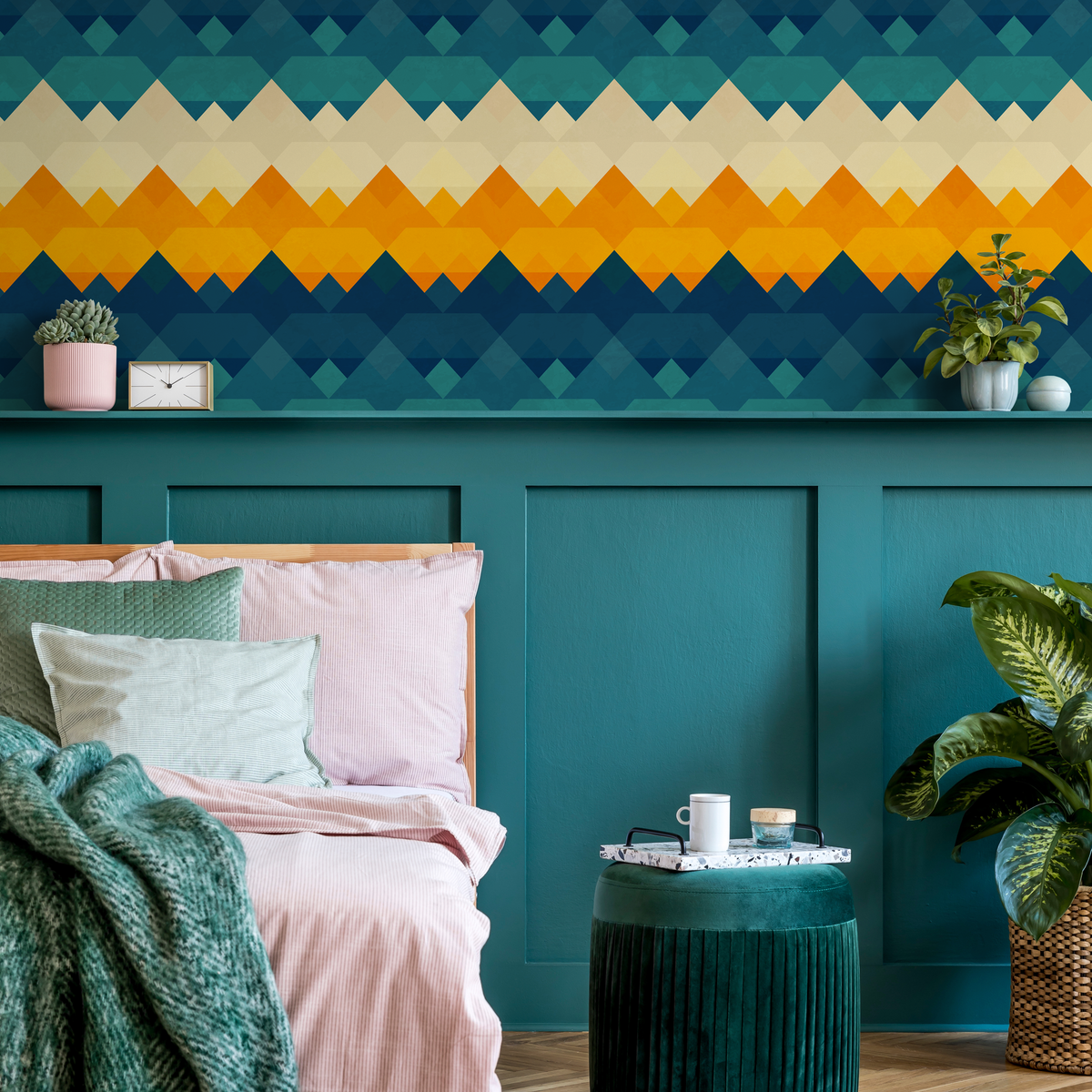 Geometric Wallpaper with a Zigzag Triangle Motif in Blue, Yellow, and Cream - detail view