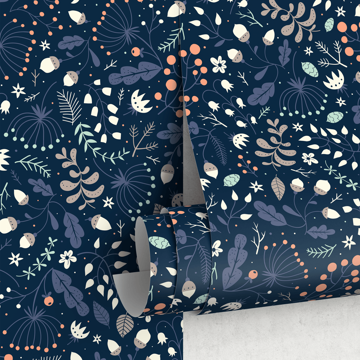 Botanical Wallpaper Featuring Acorns and Berries in Navy Blue and Orange - detail view