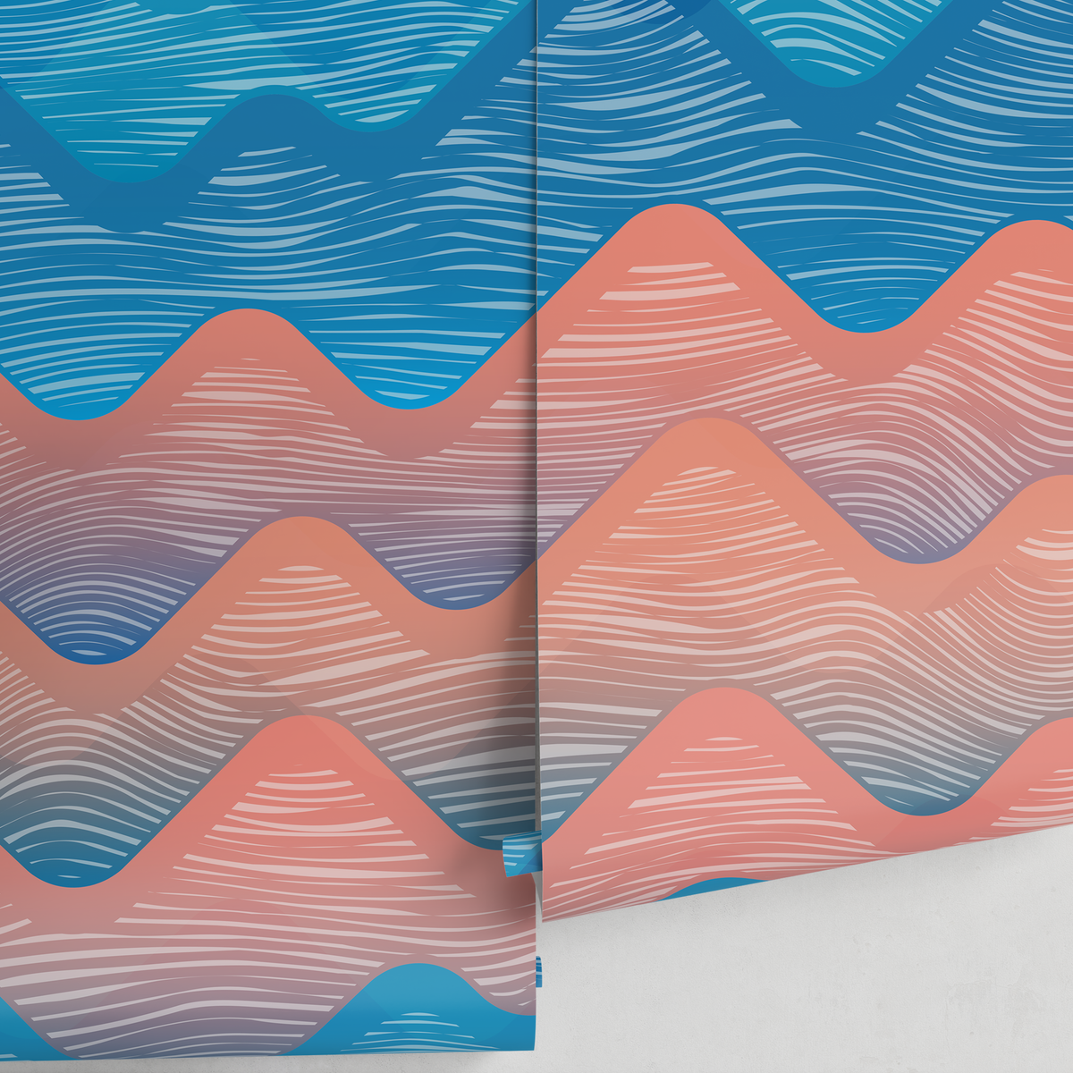 Abstract Wallpaper Featuring Stylized Wavy Mountains in Blue and Coral - detail view