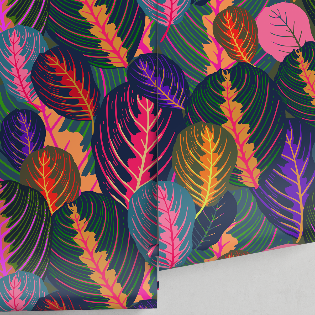 Botanical Wallpaper with Stylized Tropical Leaves in Pink, Purple, and Orange - detail view