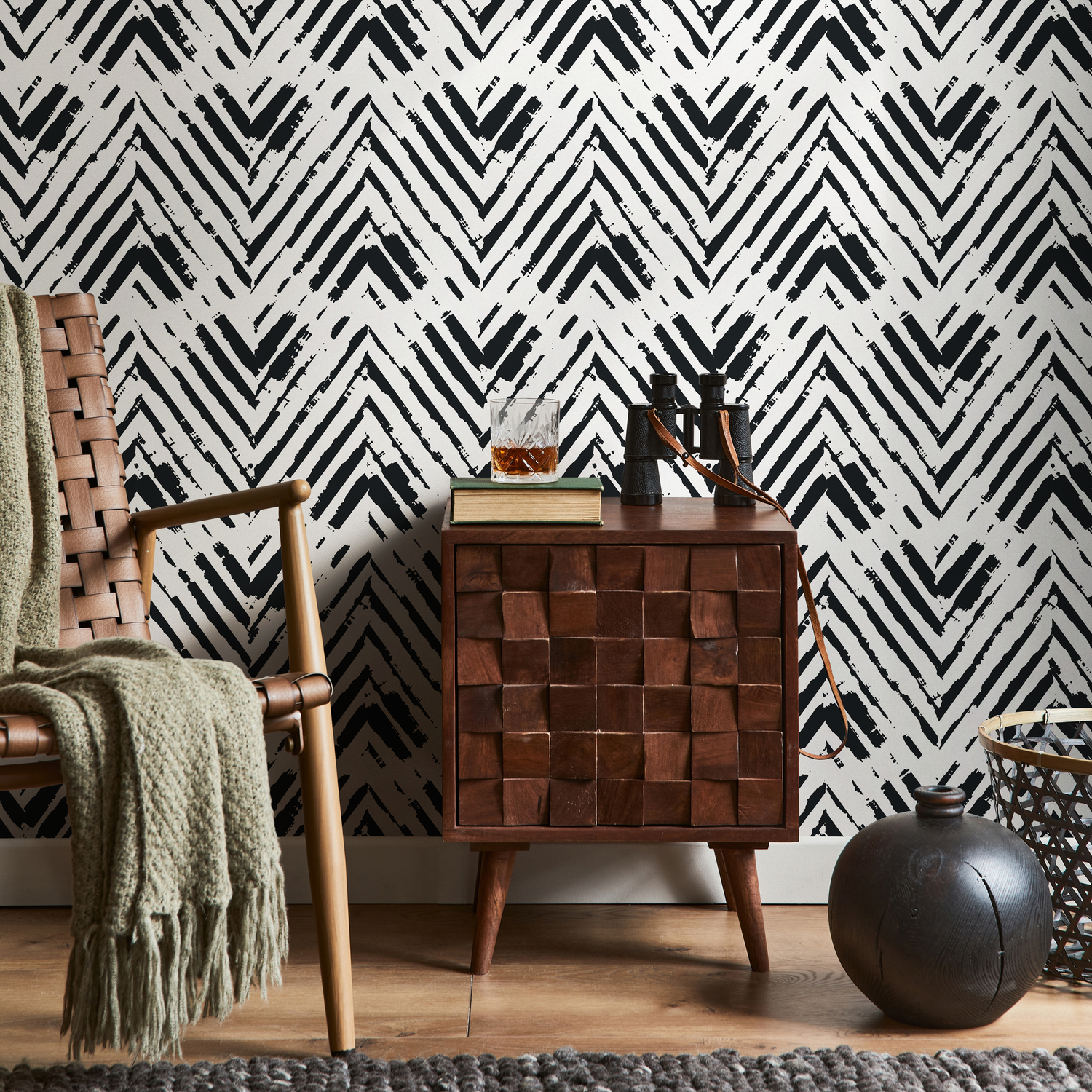 Papier peint autocollant amovible - Décoration d'intérieur - Décoration murale - Décoration de chambre - Papier peint à chevrons noir et blanc - A953