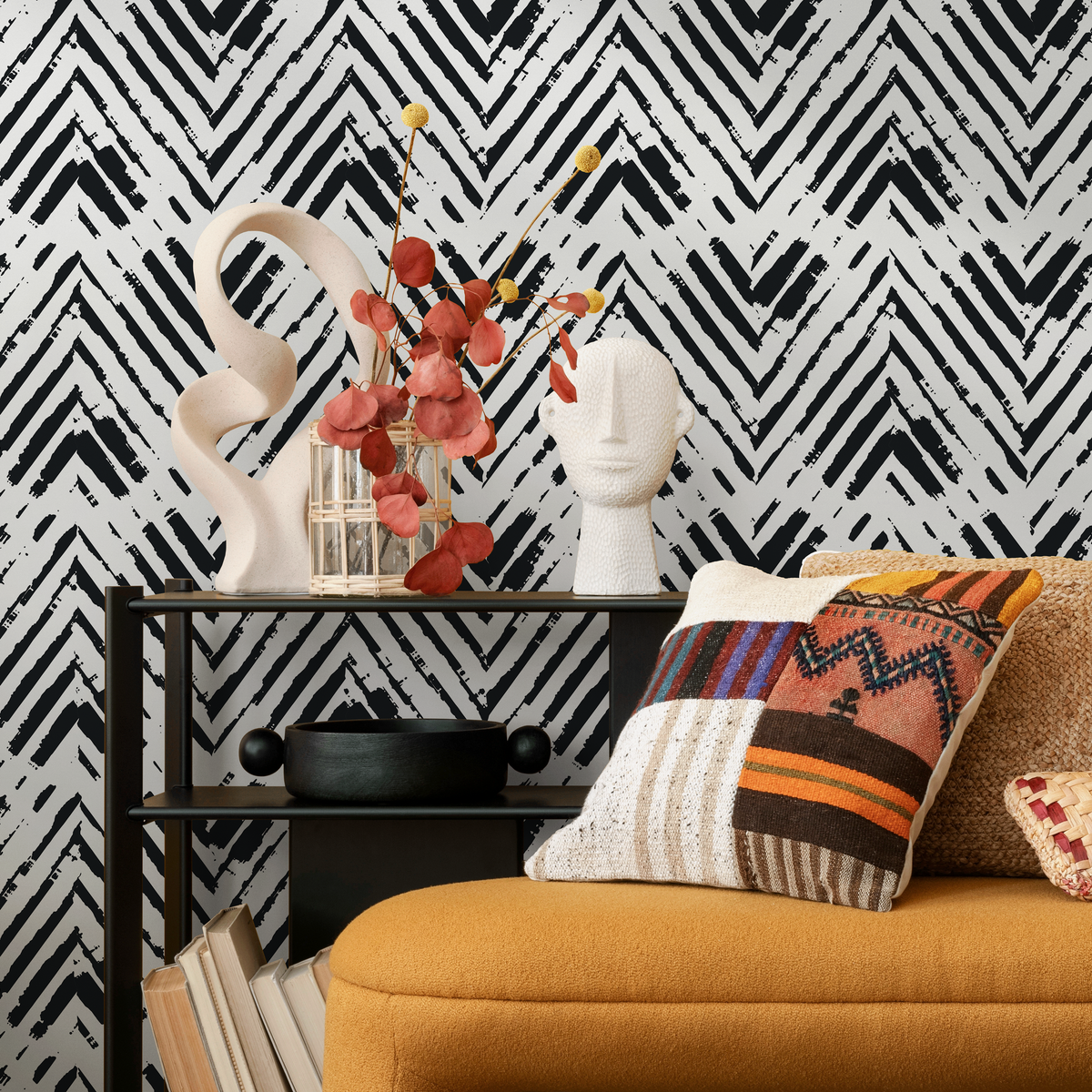 Herringbone Wallpaper with a Distressed Brushstroke Motif in Black and White - detail view