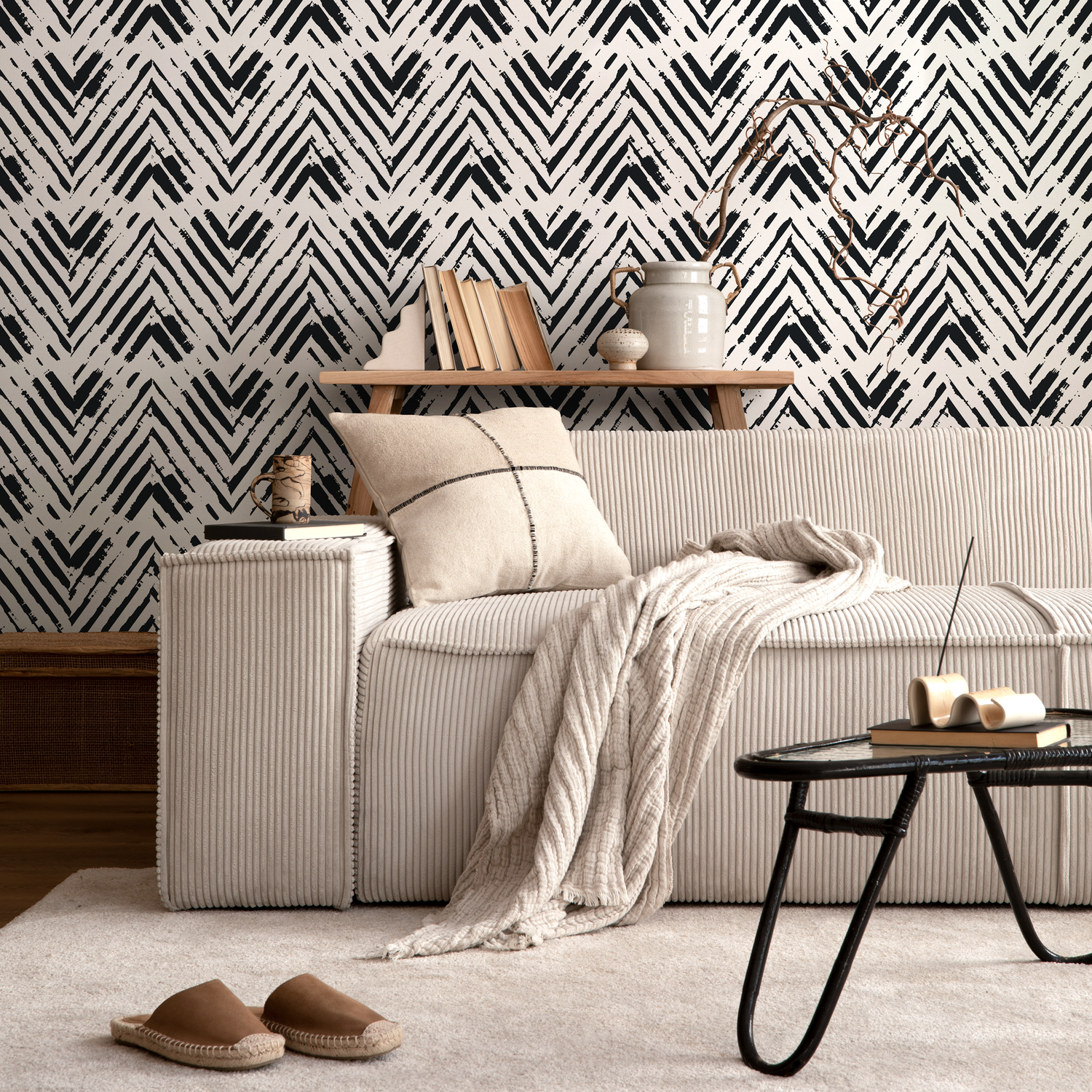 Papier peint autocollant amovible - Décoration d'intérieur - Décoration murale - Décoration de chambre - Papier peint à chevrons noir et blanc - A953