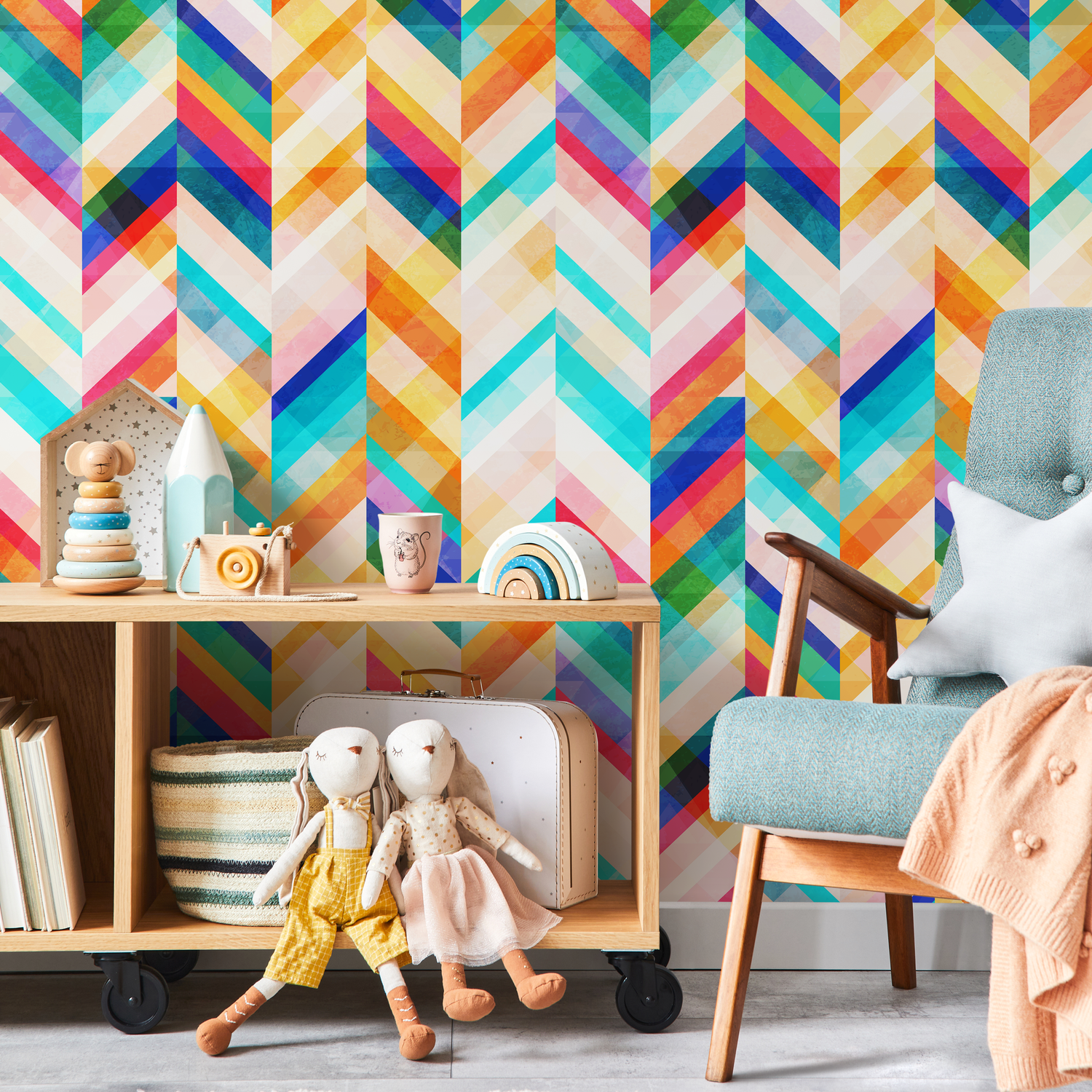 Geometric Wallpaper with a Vibrant Chevron Motif in Blue, Yellow, and Pink - A954