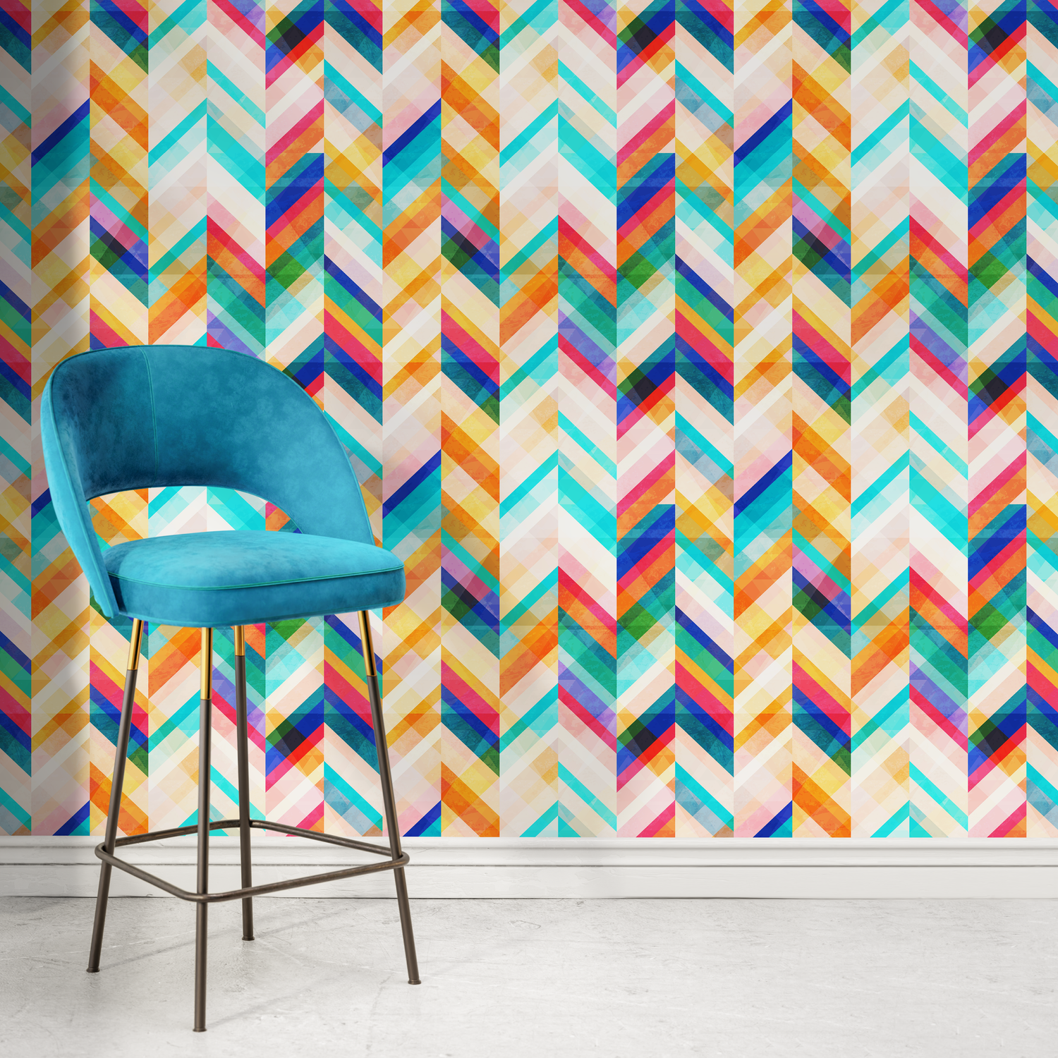 Vibrant Chevron Wallpaper in Blue, Yellow, and Pink - A954