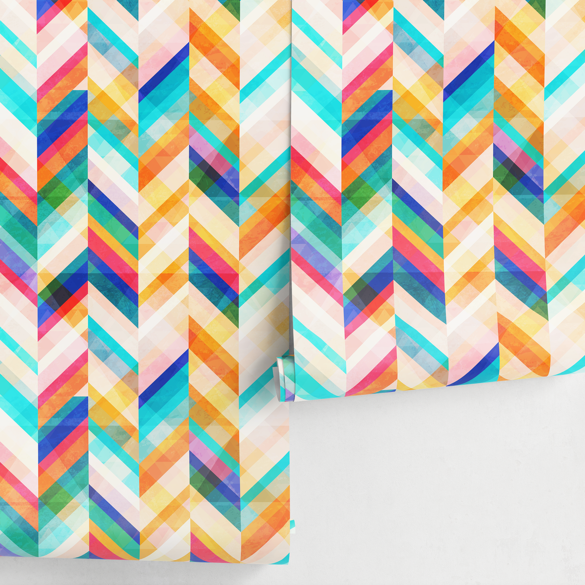 Vibrant Chevron Wallpaper in Blue, Yellow, and Pink - detail view
