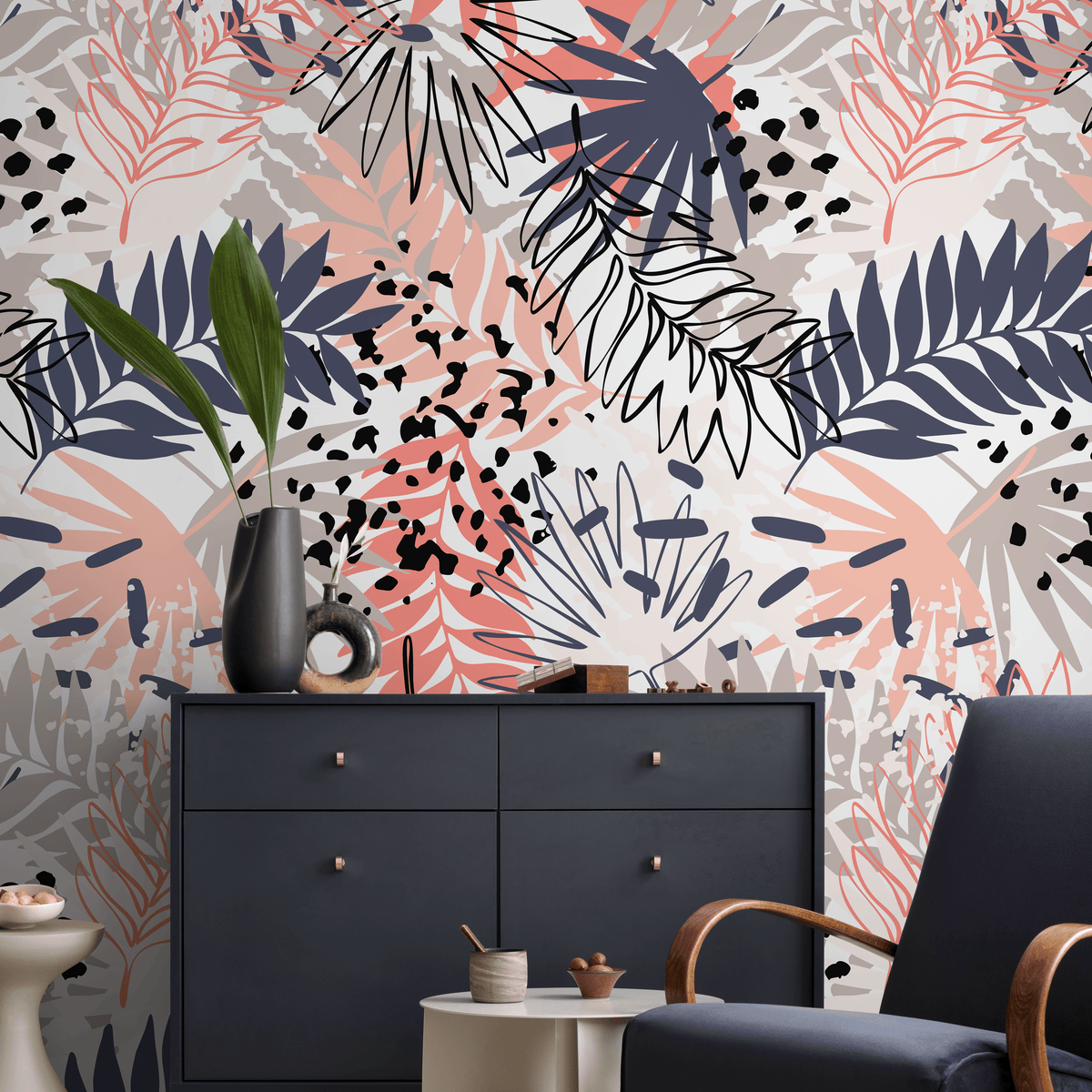 Abstract Botanical Wallpaper with Palm Leaves in Coral, Dark Blue, and Taupe - detail view