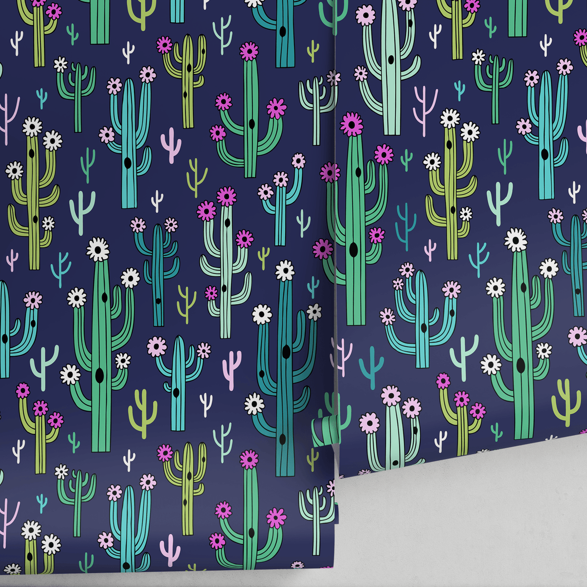 Cacti Wallpaper Featuring Blooming Desert Plants in Navy, Green, and Pink - detail view