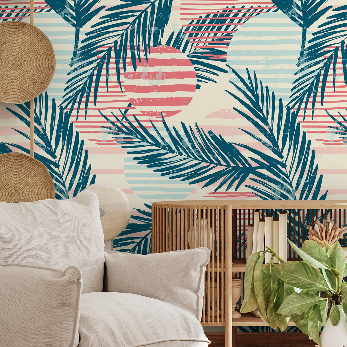 Tropical Wallpaper with Abstract Palm Leaves in Teal, Coral, and Blue - detail view