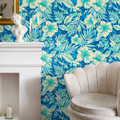 Wallpaper Peel and Stick Wallpaper Removable Wallpaper Home Decor Room Decor / Tropical Wallpaper, Blue Leaves Wallpaper - A971