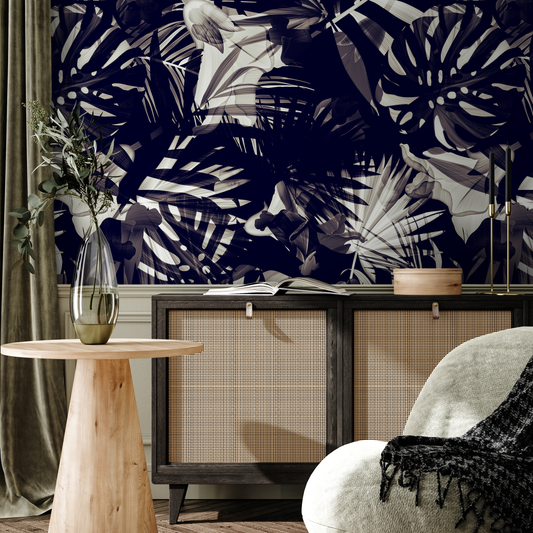Wallpaper Peel and Stick Wallpaper Removable Wallpaper Home Decor Wall Art Wall Decor Room Decor / Black Tropical Leaves Wallpaper  - A975