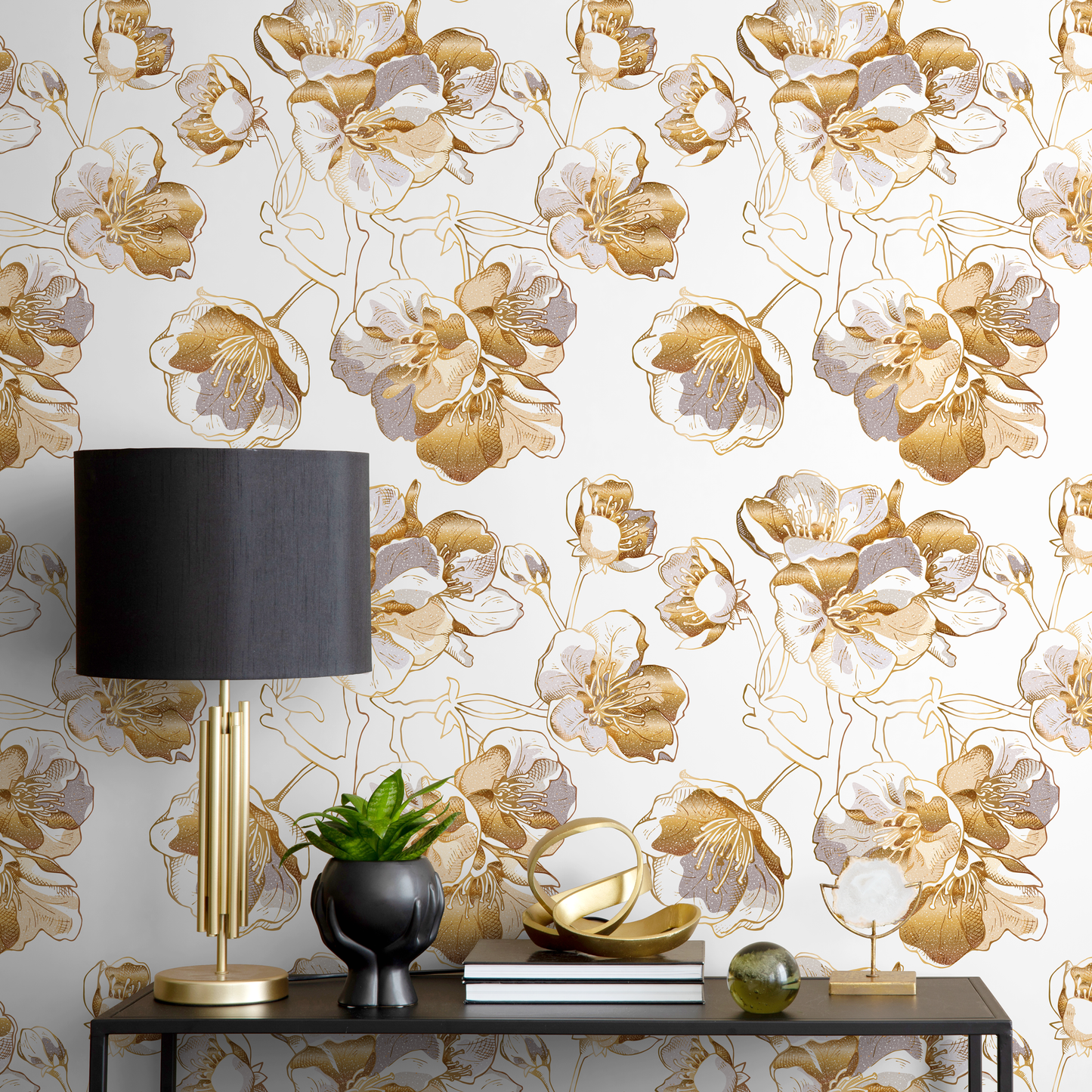 Removable Wallpaper, Scandinavian Wallpaper, Minimalistic Wallpaper, Peel and Stick Wallpaper, WallPaper, Non Metallic Gold Flowers - A979