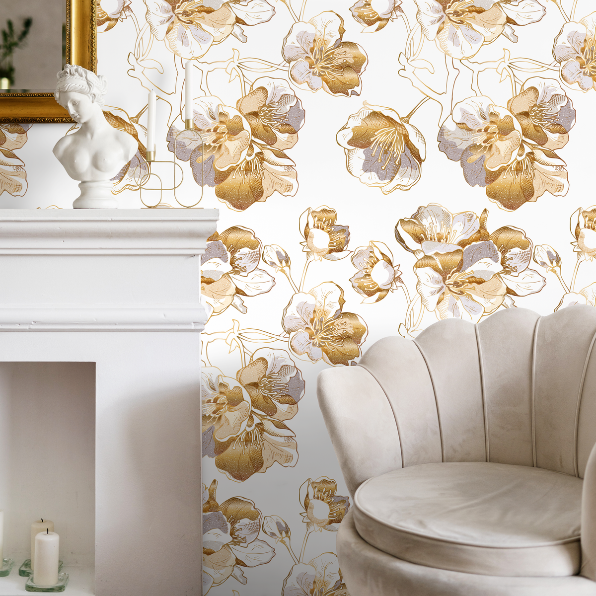 Floral Wallpaper with Stylized Gold Line Flowers in Gold - detail view
