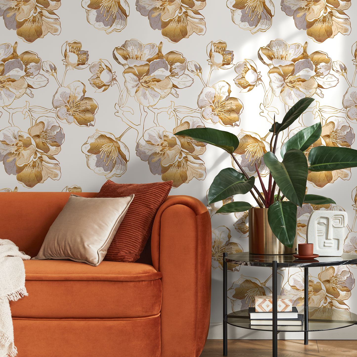 Removable Wallpaper, Scandinavian Wallpaper, Minimalistic Wallpaper, Peel and Stick Wallpaper, WallPaper, Non Metallic Gold Flowers - A979