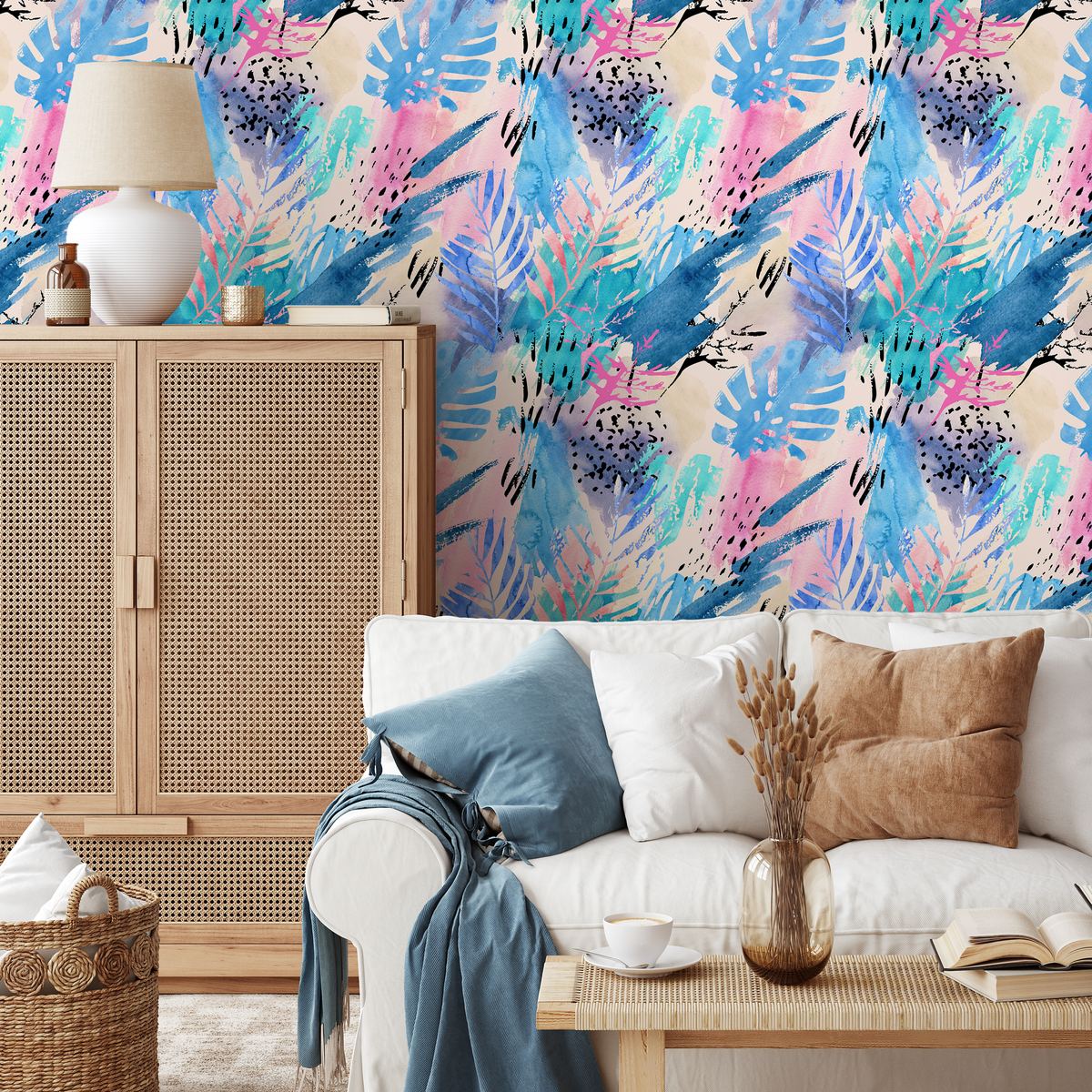Abstract Wallpaper with Tropical Leaves and Brushstrokes in Blue, Pink, and Black - detail view