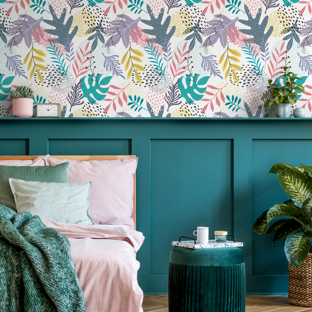 Botanical Wallpaper with Abstract Leaves in Teal, Pink, and Yellow - detail view