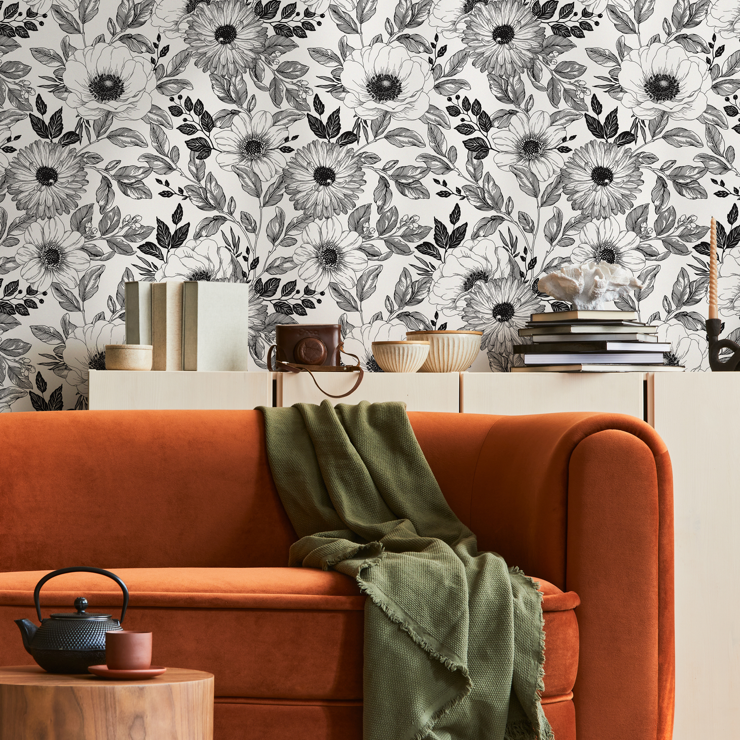 Papel pintado decorativo de pared, autoadhesivo, extraíble, para decoración del hogar, arte de pared, decoración de habitaciones, papel pintado floral en blanco y negro - B011