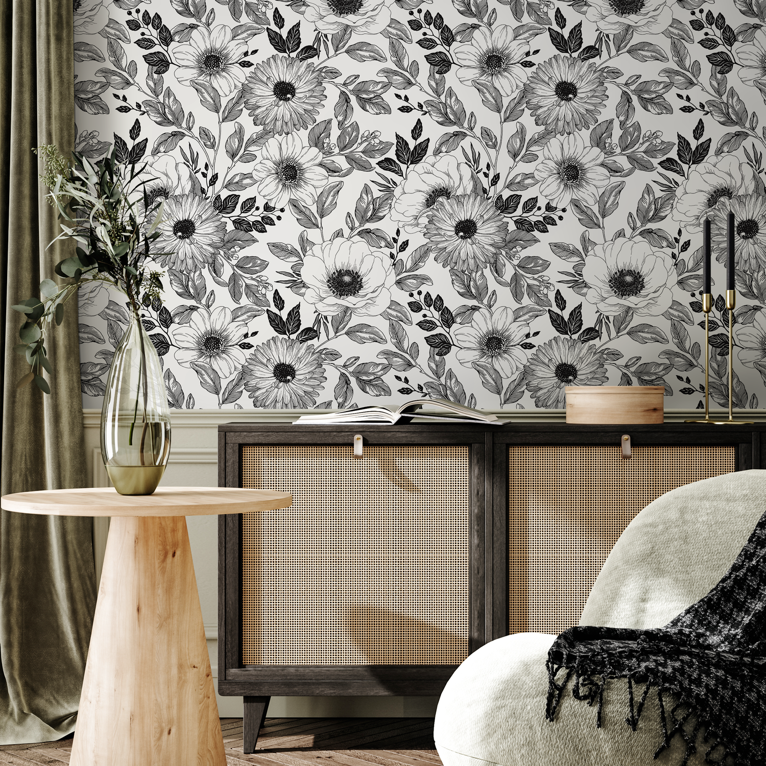 Papel pintado decorativo de pared, autoadhesivo, extraíble, para decoración del hogar, arte de pared, decoración de habitaciones, papel pintado floral en blanco y negro - B011