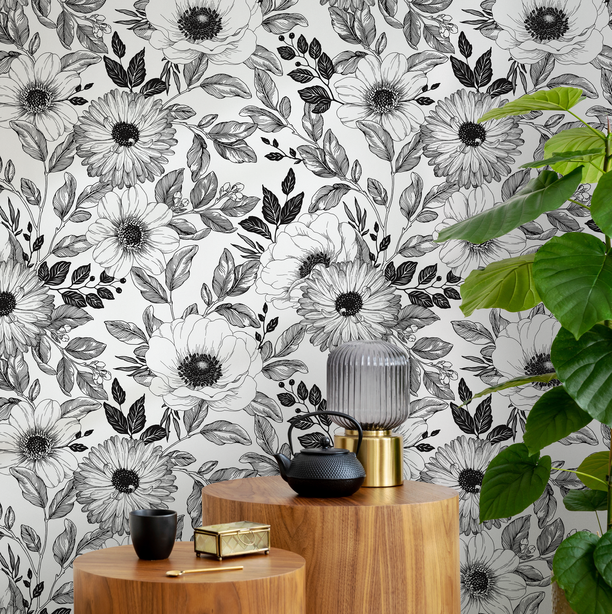 Floral Wallpaper with an Illustrative Anemone Motif in Black and White - detail view