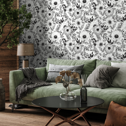 Wall Decor Wallpaper Peel and Stick Wallpaper Removable Wallpaper Home Decor Wall Art Room Decor / Black and White Floral Wallpaper - B011