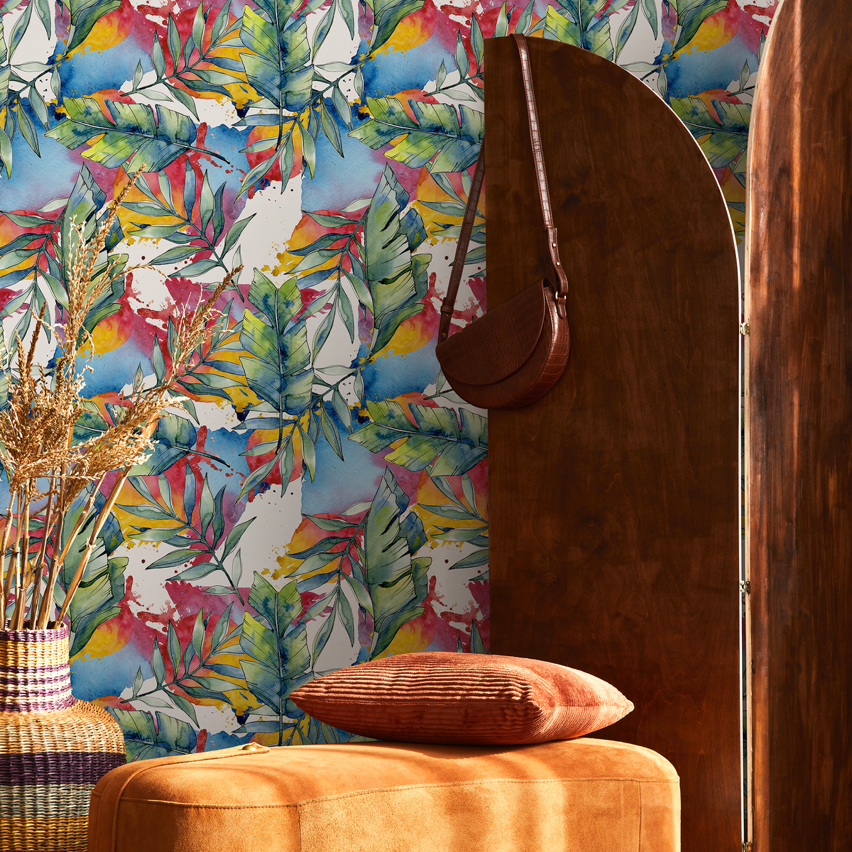 Tropical Wallpaper with an Abstract Watercolor Leaf Motif in Blue, Red, and Green - detail view