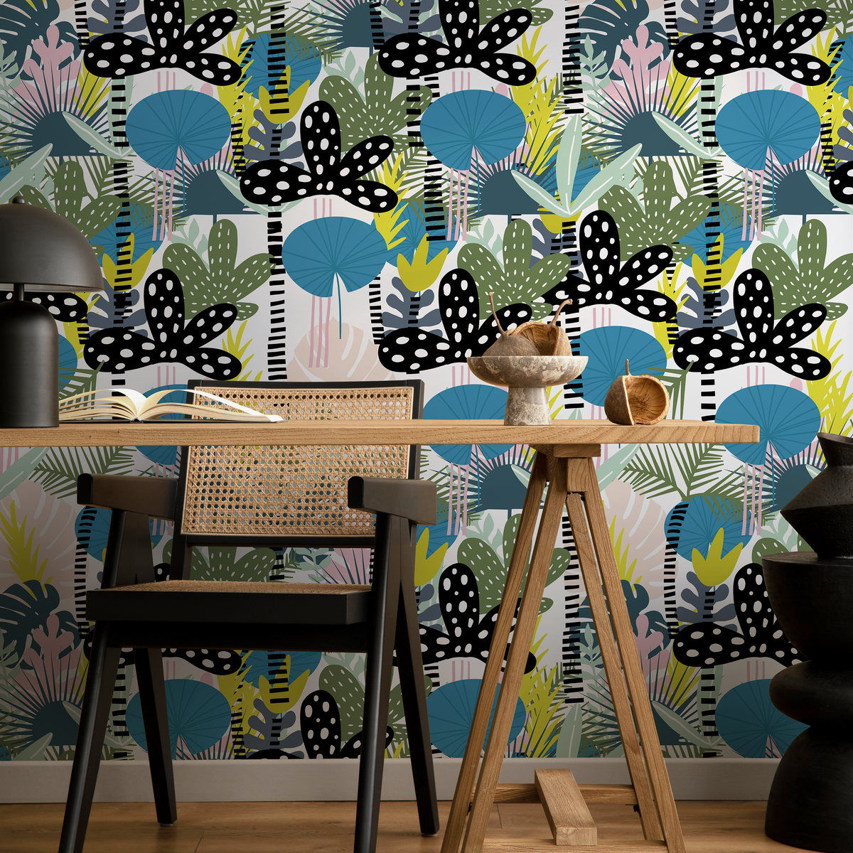 Botanical Wallpaper with Abstract Leaves in Black, Blue, and Green - detail view