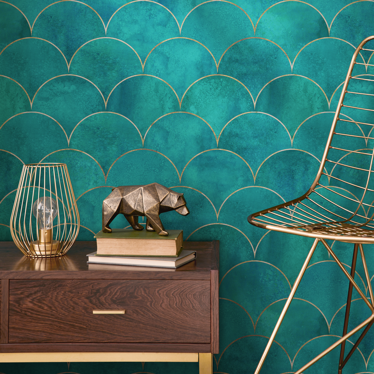 Art Deco Wallpaper with a Scallop Motif in Teal, Blue, and Gold - B015