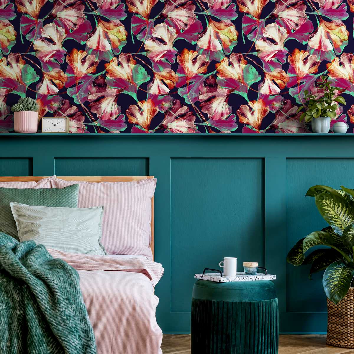 Botanical Wallpaper with a Painterly Ginkgo Leaf Motif in Magenta, Teal, and Deep Blue - detail view