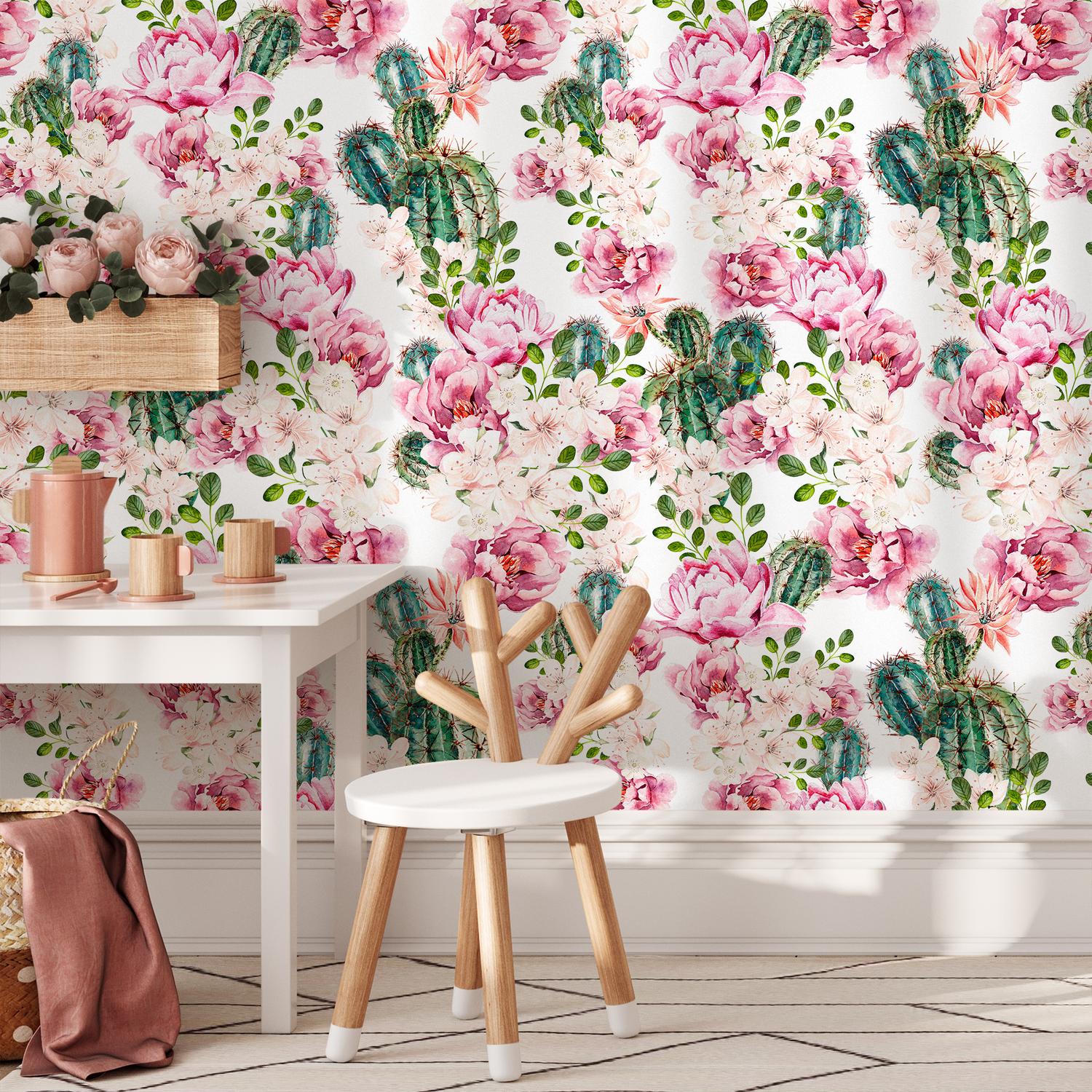 Papel pintado autoadhesivo, papel pintado extraíble, decoración del hogar, arte de pared, decoración de habitaciones, papel pintado floral, rosas y cactus - B020