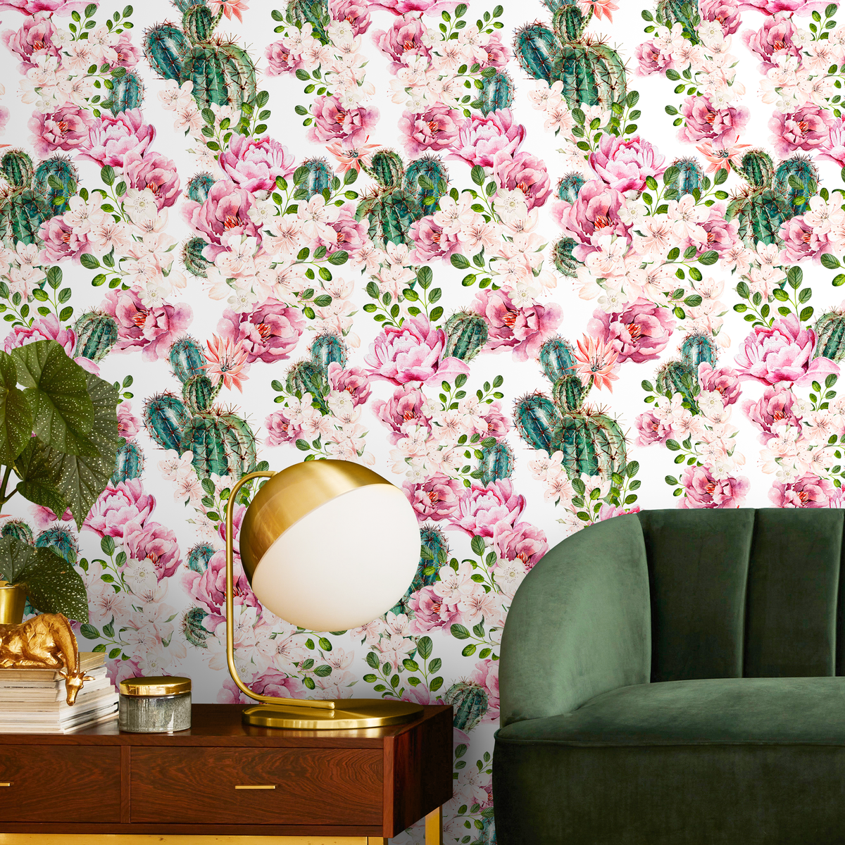 Floral Wallpaper with Blooming Roses and Cactus in Pink and Green - detail view
