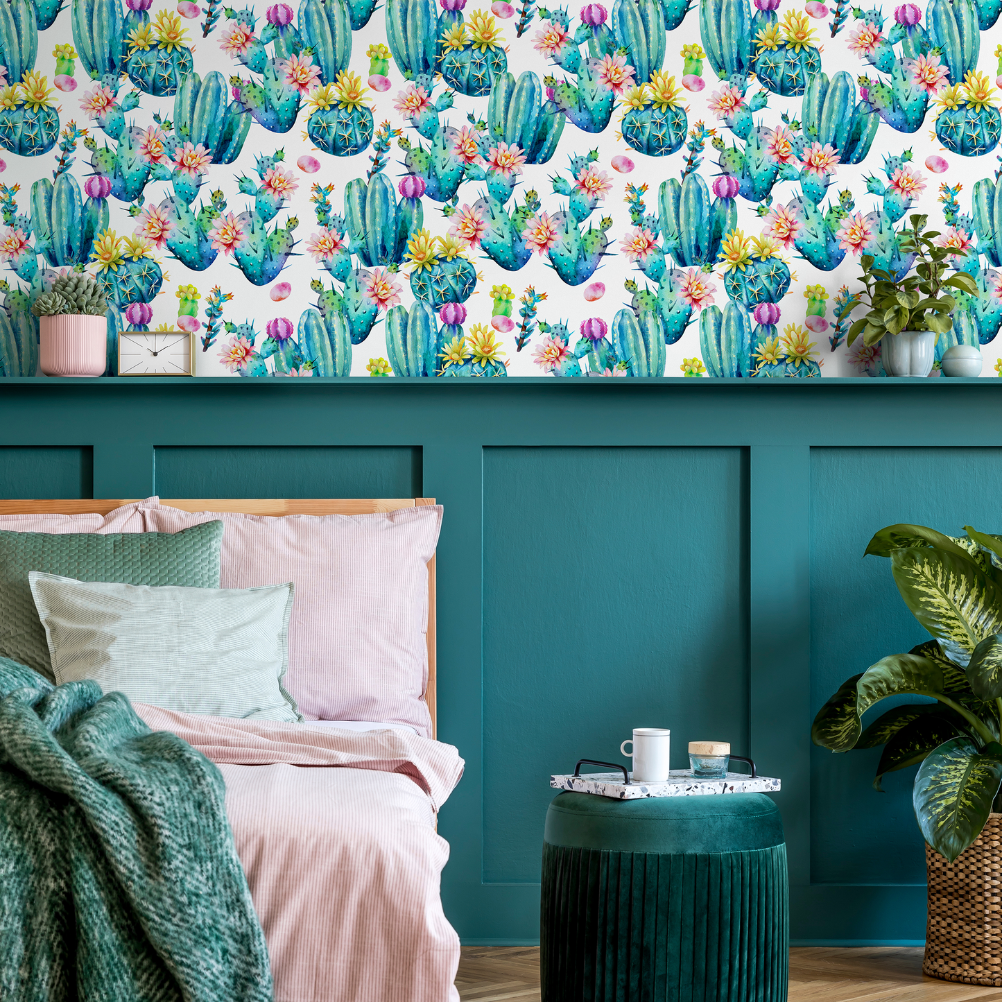 Wallpaper Peel and Stick Wallpaper Removable Wallpaper Home Decor Wall Art Wall Decor Room Decor / Cute Floral Cactus Wallpaper - B023