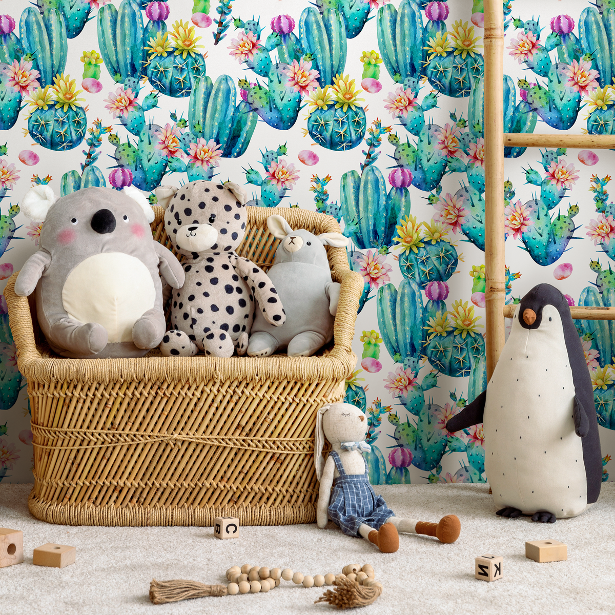 Cactus Wallpaper with a Watercolor Motif in Teal, Pink, and Yellow - detail view