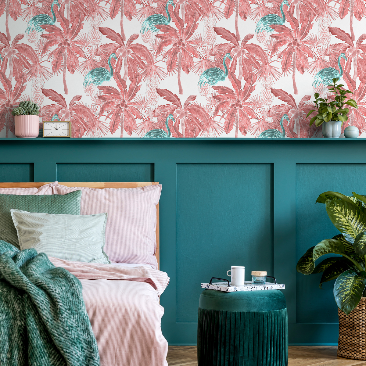 Tropical Wallpaper with Palm Trees and Exotic Birds in Red, Pink, and Teal - detail view