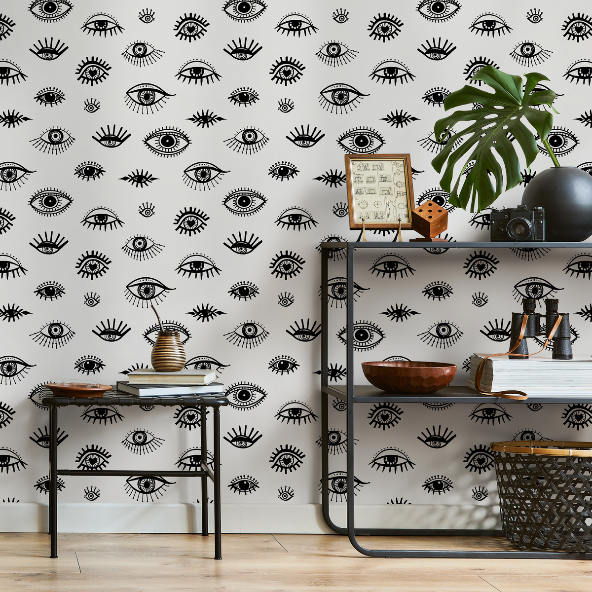 Abstract Wallpaper Featuring Stylized Eyes in Black and White - detail view