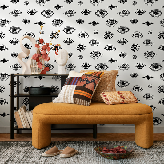 Removable Wallpaper, Scandinavian Wallpaper, Minimalistic Wallpaper, Peel and Stick Wallpaper, Black and White Eyes Wallpaper - B027