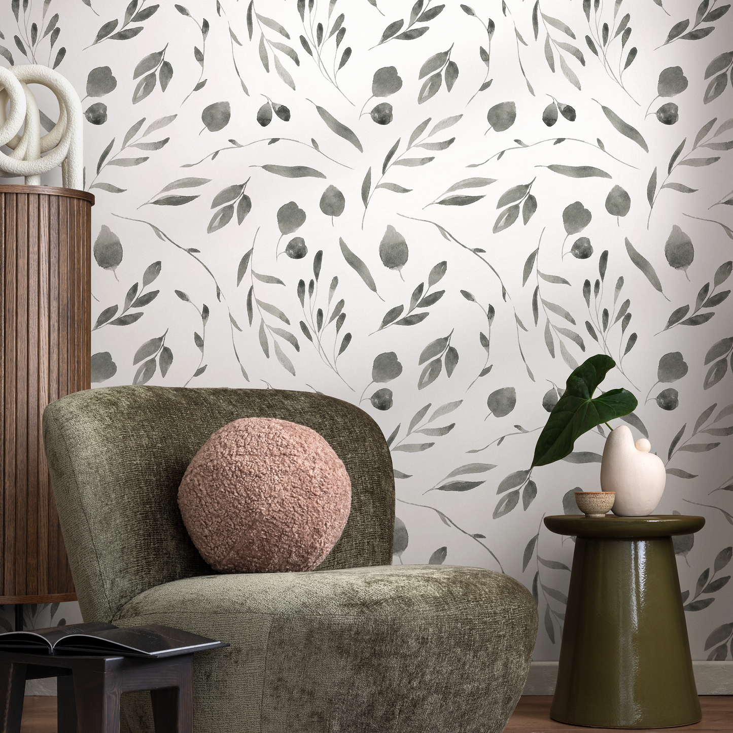 Removable Wallpaper Peel and Stick Wallpaper Wall Paper Wall Mural - Monochromatic Watercolor Leaves Wallpaper - B028