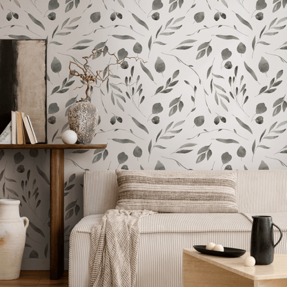 Removable Wallpaper Peel and Stick Wallpaper Wall Paper Wall Mural - Monochromatic Watercolor Leaves Wallpaper - B028