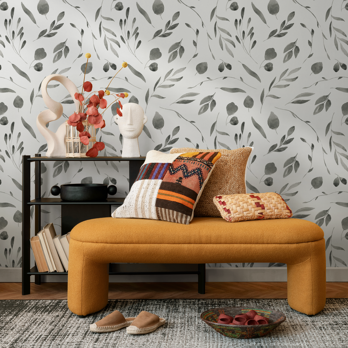 Botanical Wallpaper with a Delicate Watercolor Leaf Motif in Black and Gray - detail view