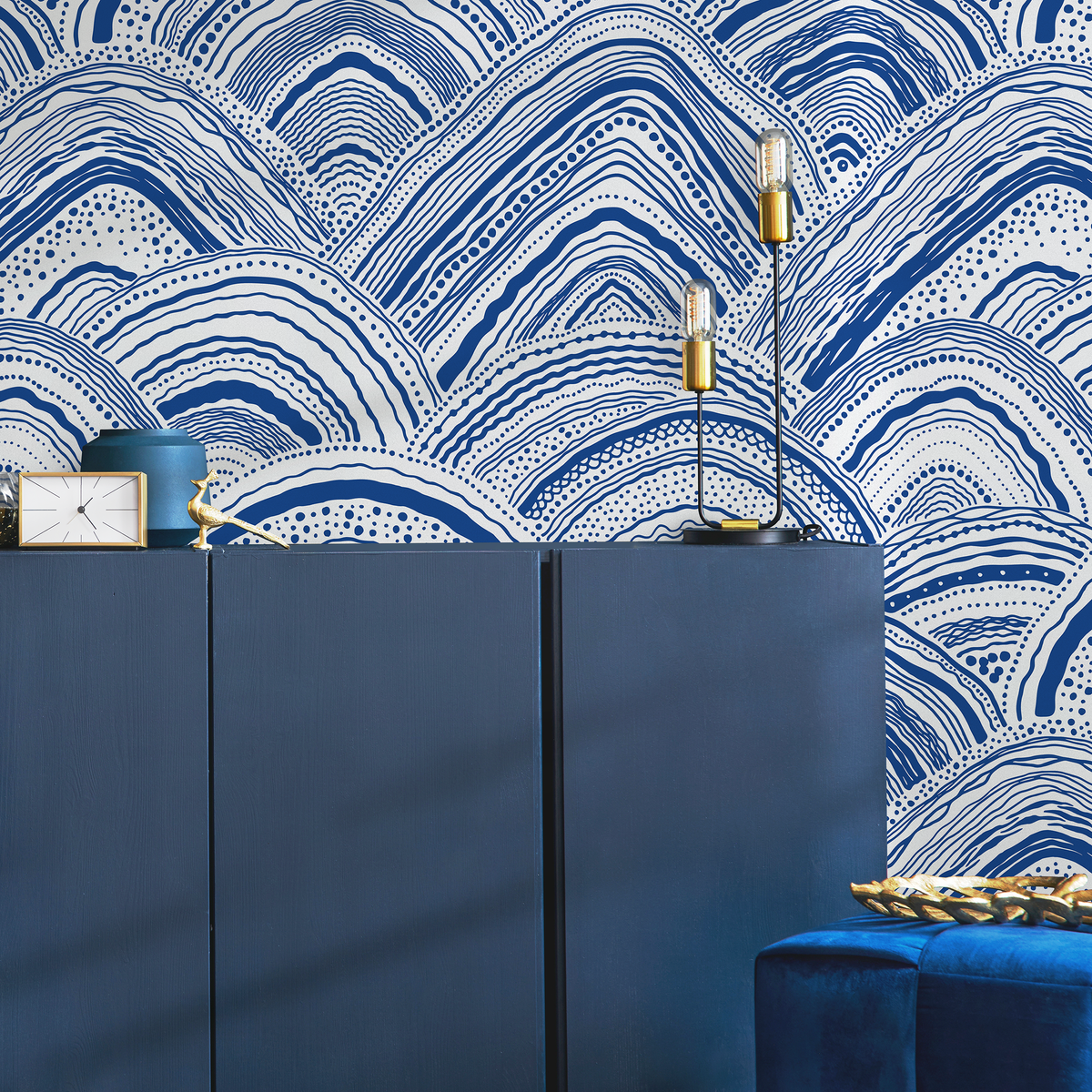 Abstract Wallpaper with Hand-Drawn Waves in Blue - detail view
