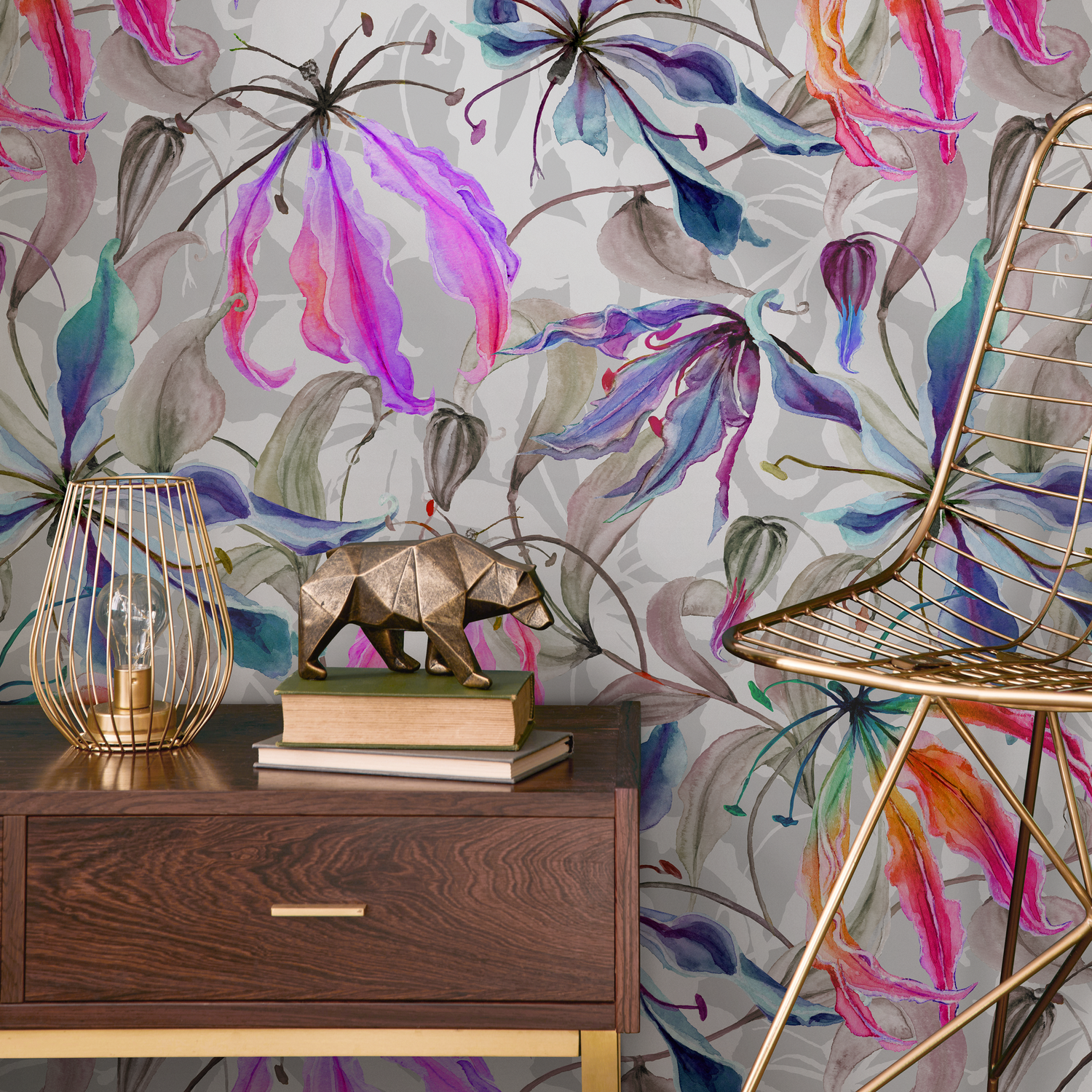 Floral Wallpaper with Watercolor Glory Lilies in Pink, Purple, and Blue - B030